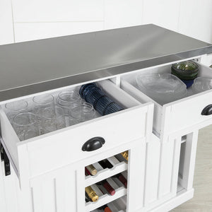 Credenza cucina vetrina Shabby Isola cucina con ruote Piano in acciaio inossidabile con portabottiglie e 2 armadietti L116*P46*A95 cm bianco FKW94-W