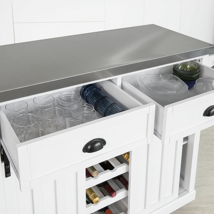 Credenza cucina vetrina Shabby Isola cucina con ruote Piano in acciaio inossidabile con portabottiglie e 2 armadietti L116*P46*A95 cm bianco FKW94-W