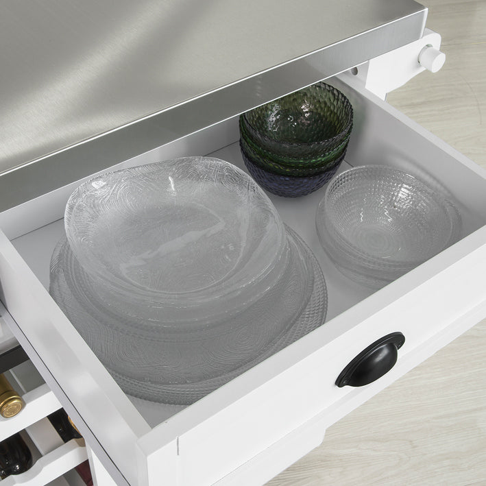 Credenza cucina vetrina Shabby Isola cucina con ruote Piano in acciaio inossidabile con portabottiglie e 2 armadietti L116*P46*A95 cm bianco FKW94-W