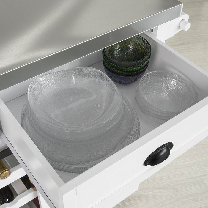 Credenza cucina vetrina Shabby Isola cucina con ruote Piano in acciaio inossidabile con portabottiglie e 2 armadietti L116*P46*A95 cm bianco FKW94-W