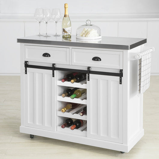 Credenza cucina vetrina Shabby Isola cucina con ruote Piano in acciaio inossidabile con portabottiglie e 2 armadietti L116*P46*A95 cm bianco FKW94-W