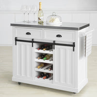 Credenza cucina vetrina Shabby Isola cucina con ruote Piano in acciaio inossidabile con portabottiglie e 2 armadietti L116*P46*A95 cm bianco FKW94-W