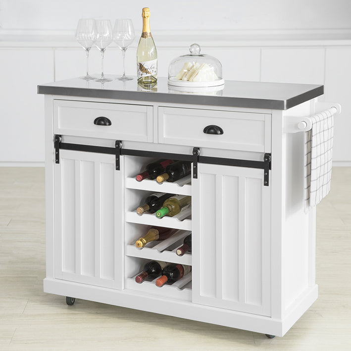 Credenza cucina vetrina Shabby Isola cucina con ruote Piano in acciaio inossidabile con portabottiglie e 2 armadietti L116*P46*A95 cm bianco FKW94-W