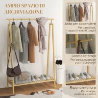 Appendiabiti a Doghe in Bambù con Gruccia Laterale e Spazio per Scarpe, 110x42x152 cm, color Legno