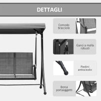 Dondolo 3 Posti da Giardino o Terrazzo con Tettuccio Regolabile e Tasche Portaoggetti Grigio Scuro 196x128x172cm