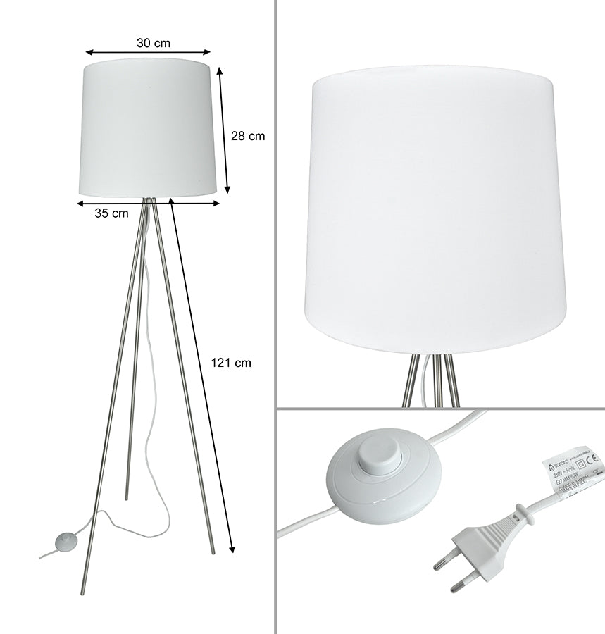 Lampada da terra con treppiede in metallo argentato, piantana mod. Michelle FL24MIPM