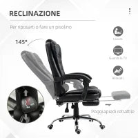 Sedia da Ufficio ad Altezza Regolabile con Schienale Reclinabile e Poggiapiedi, 64.5x69x109-117 cm, Nero