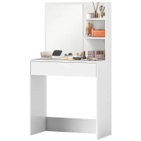 Tavolo da Trucco con Specchio, 3 Ripiani ad Angolo e Cassetto, in Legno e Vetro, 75x40x137 cm, Bianco