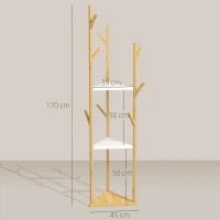 Albero Appendiabiti da Terra in Bambù con 9 Ganci e 3 Ripiani, Legno Naturale e Bianco