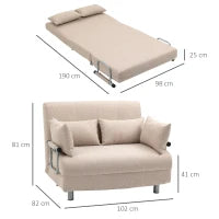 Divano Letto 2 Posti 3 in 1 Convertibile in Poltrona Reclinabile e 4 Cuscini, 102x82x81 cm, Beige