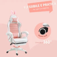 Sedia Gaming Ergonomica con Orecchie, Poggiapiedi Estraibile, Cuscino Lombare e Poggiatesta, Rosa