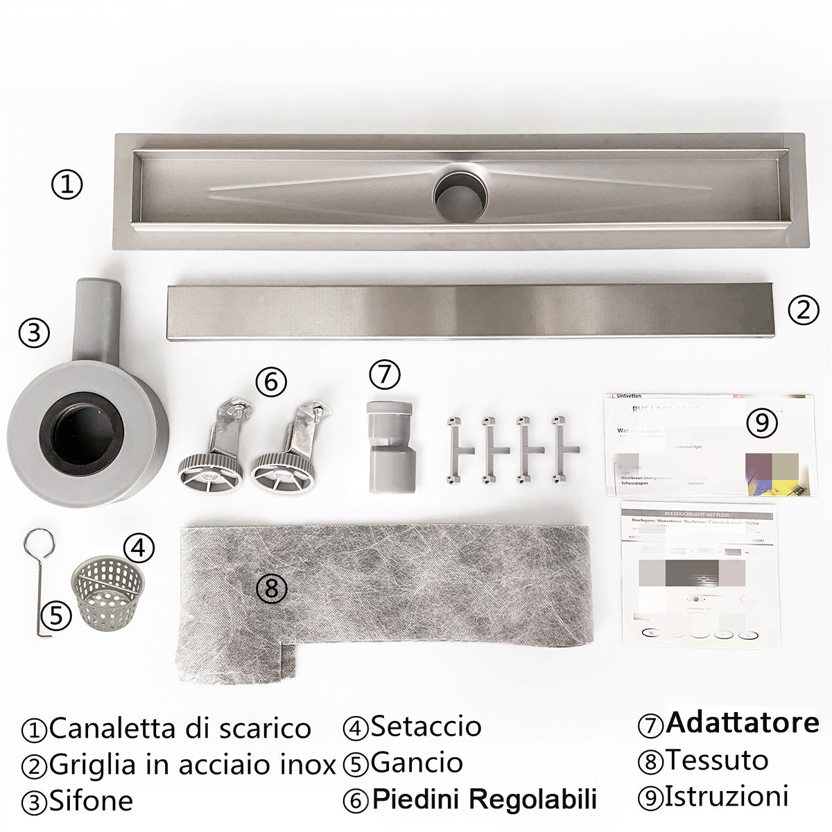 AICA ITALY Canalina doccia a pavimento 70cm con sifone giravole 360°e 2-in-1 scarico doccia Modello standard