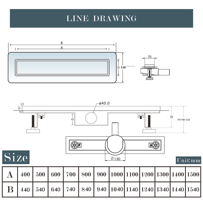 AICA ITALY Canalina doccia a pavimento 60cm con sifone giravole 360°e 2-in-1 scarico doccia Modello standard