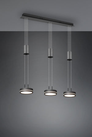 FRANKLIN BARRA 3 SOSPENSIONI LED 27W 3150lm, 3000K REGOLABILE IN ALTEZZA CON BILANCIERI ANTRACITE DIMMERABILE CON INTERRUTTORE  L. 85CM