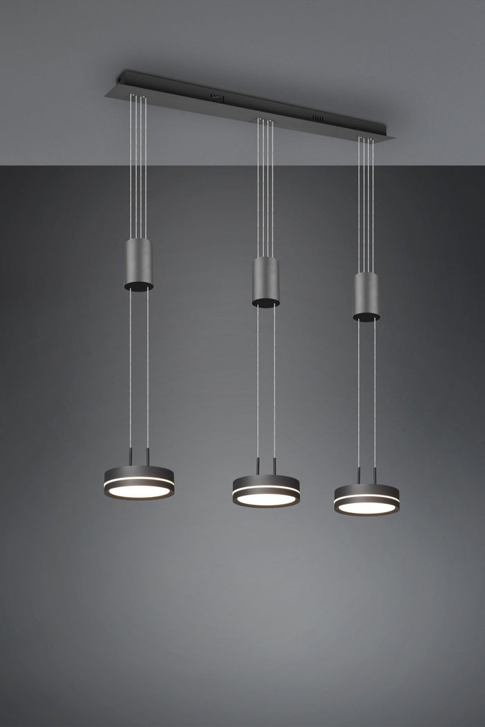FRANKLIN BARRA 3 SOSPENSIONI LED 27W 3150lm, 3000K REGOLABILE IN ALTEZZA CON BILANCIERI ANTRACITE DIMMERABILE CON INTERRUTTORE  L. 85CM