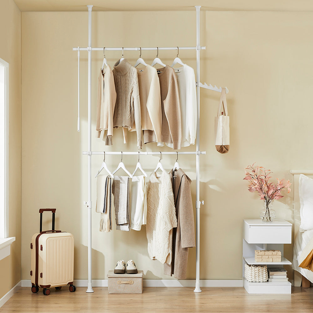 SoBuy FRG109-II-W Telescopic Appendiabiti da Terra, Robusto Stand Appendiabiti con Aste, Armadio Aperto Regolabile per Camera da Letto, Porta Abiti Bianco