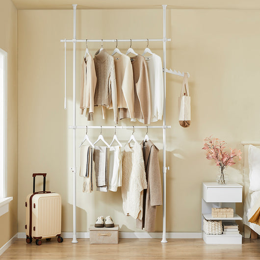 SoBuy FRG109-II-W Telescopic Appendiabiti da Terra, Robusto Stand Appendiabiti con Aste, Armadio Aperto Regolabile per Camera da Letto, Porta Abiti Bianco