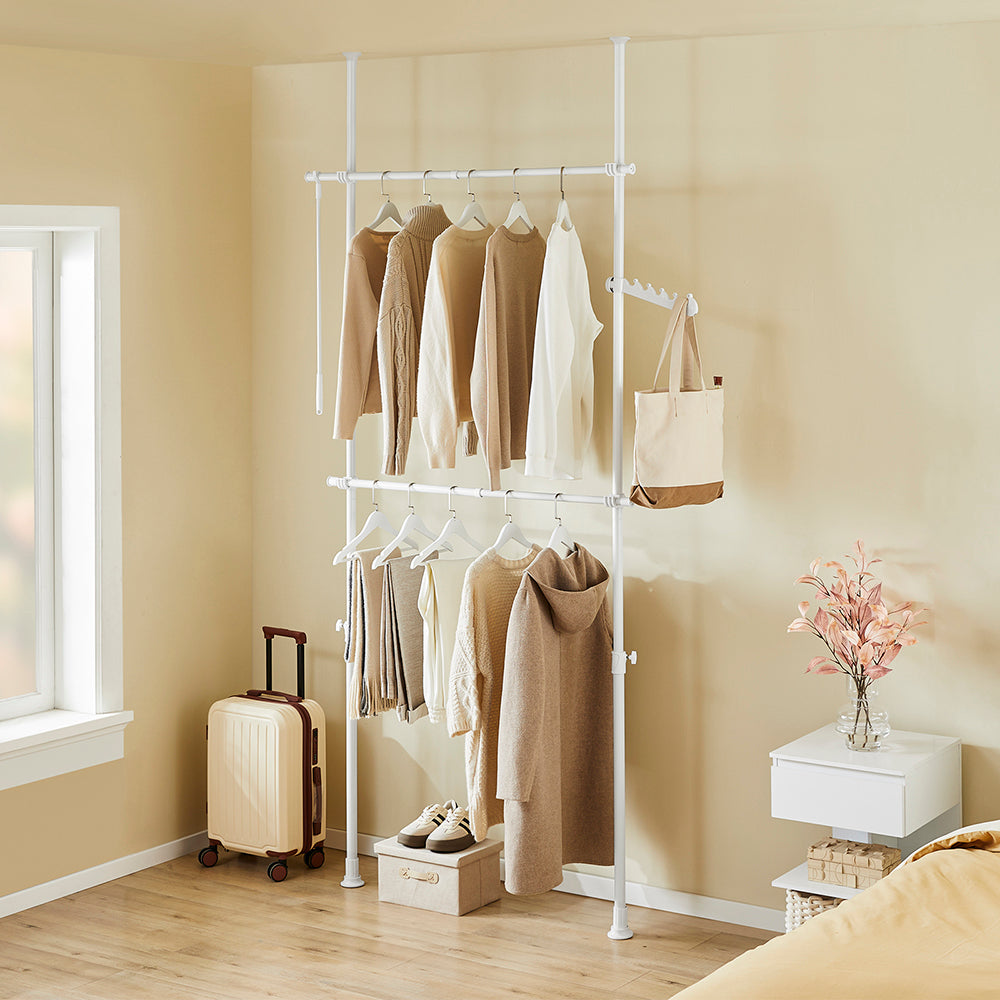 SoBuy FRG109-II-W Telescopic Appendiabiti da Terra, Robusto Stand Appendiabiti con Aste, Armadio Aperto Regolabile per Camera da Letto, Porta Abiti Bianco