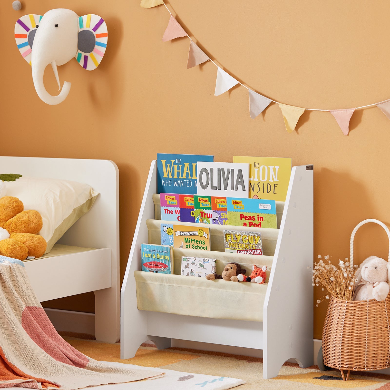 Libreria,Portariviste a terra, scaffale per riviste, 4 scomparti, 62x30x71cm FRG225-W