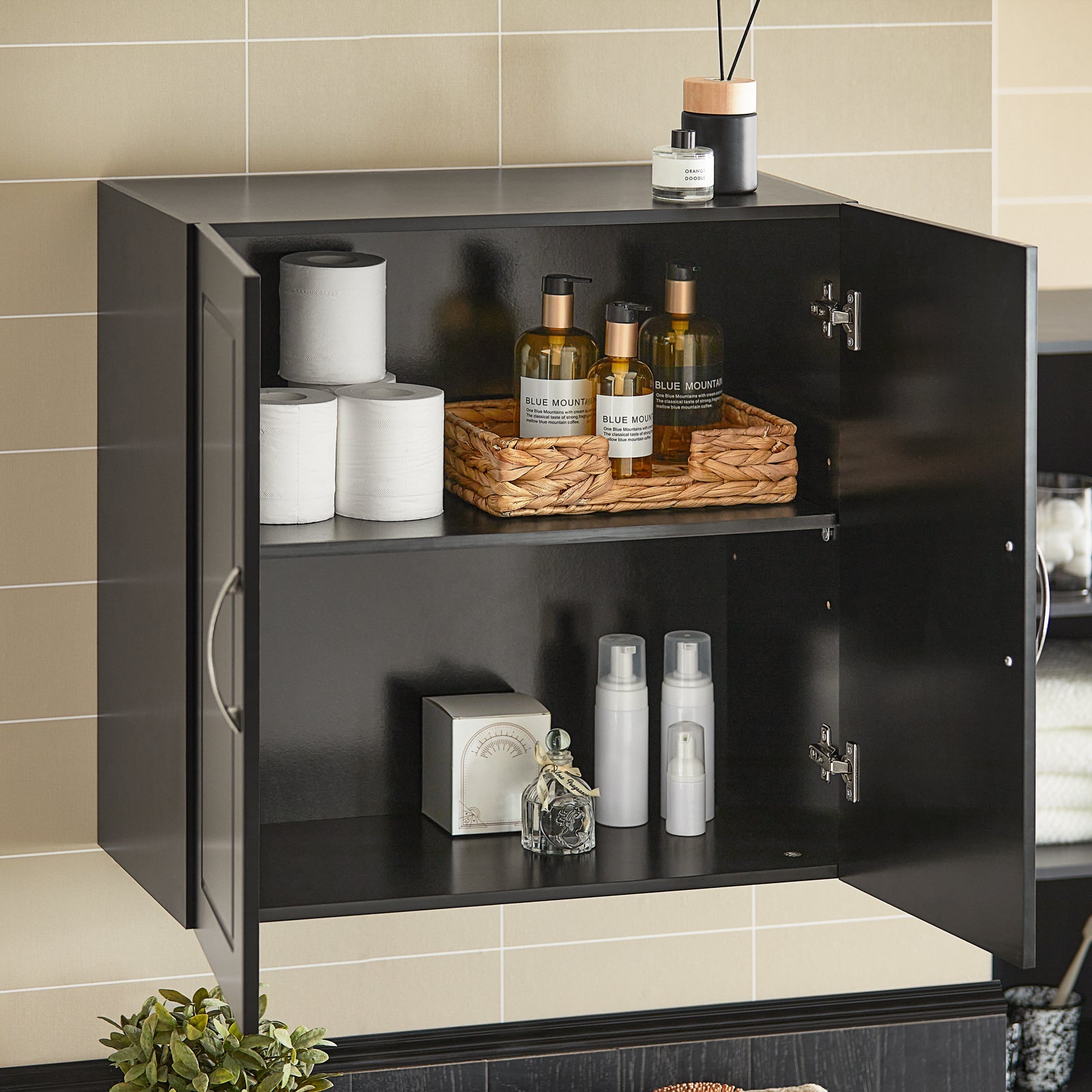 Armadietto pensile da bagno Mobile da parete per il cucina 2 ante 60x30x30cm Nero FRG231-SCH