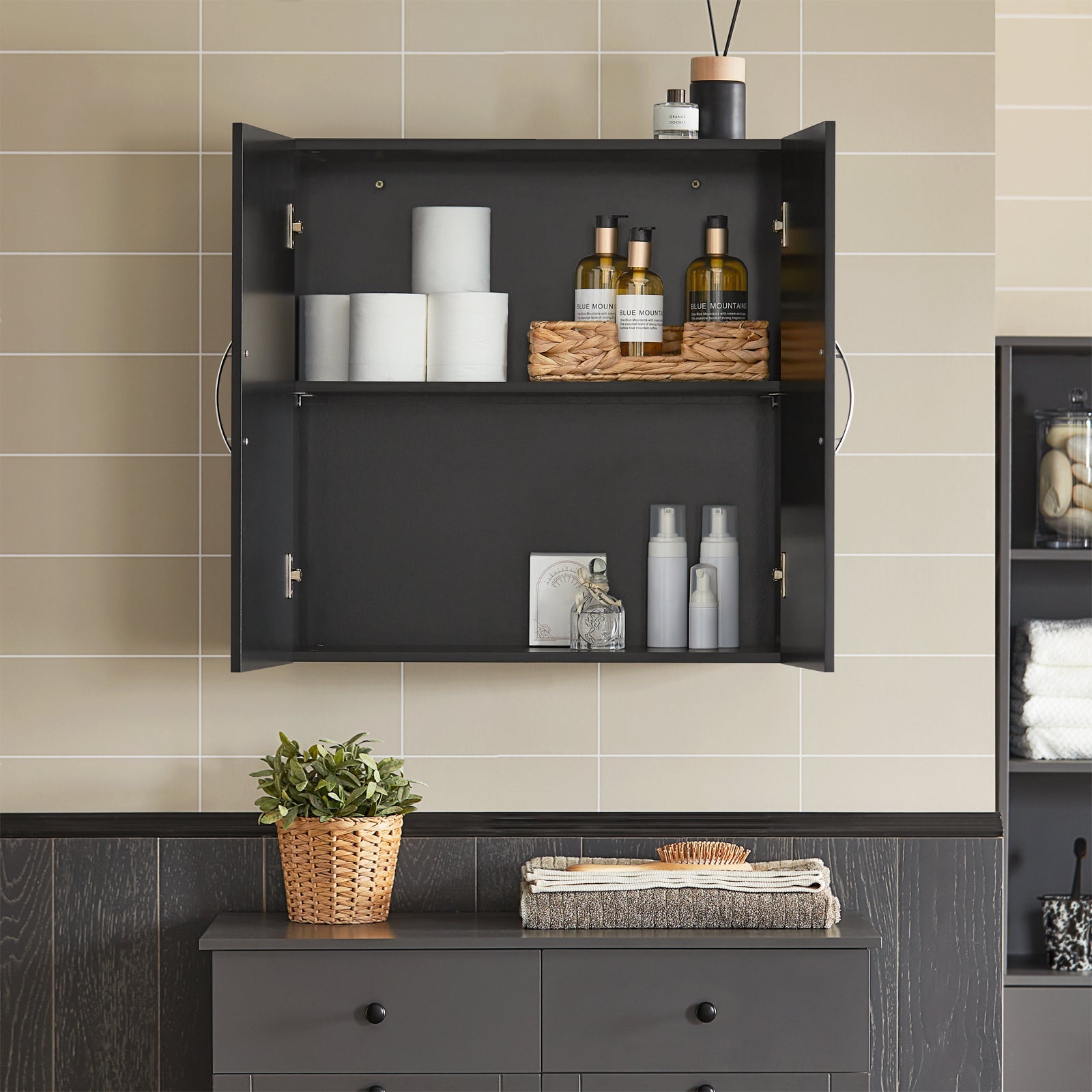 Armadietto pensile da bagno Mobile da parete per il cucina 2 ante 60x30x30cm Nero FRG231-SCH