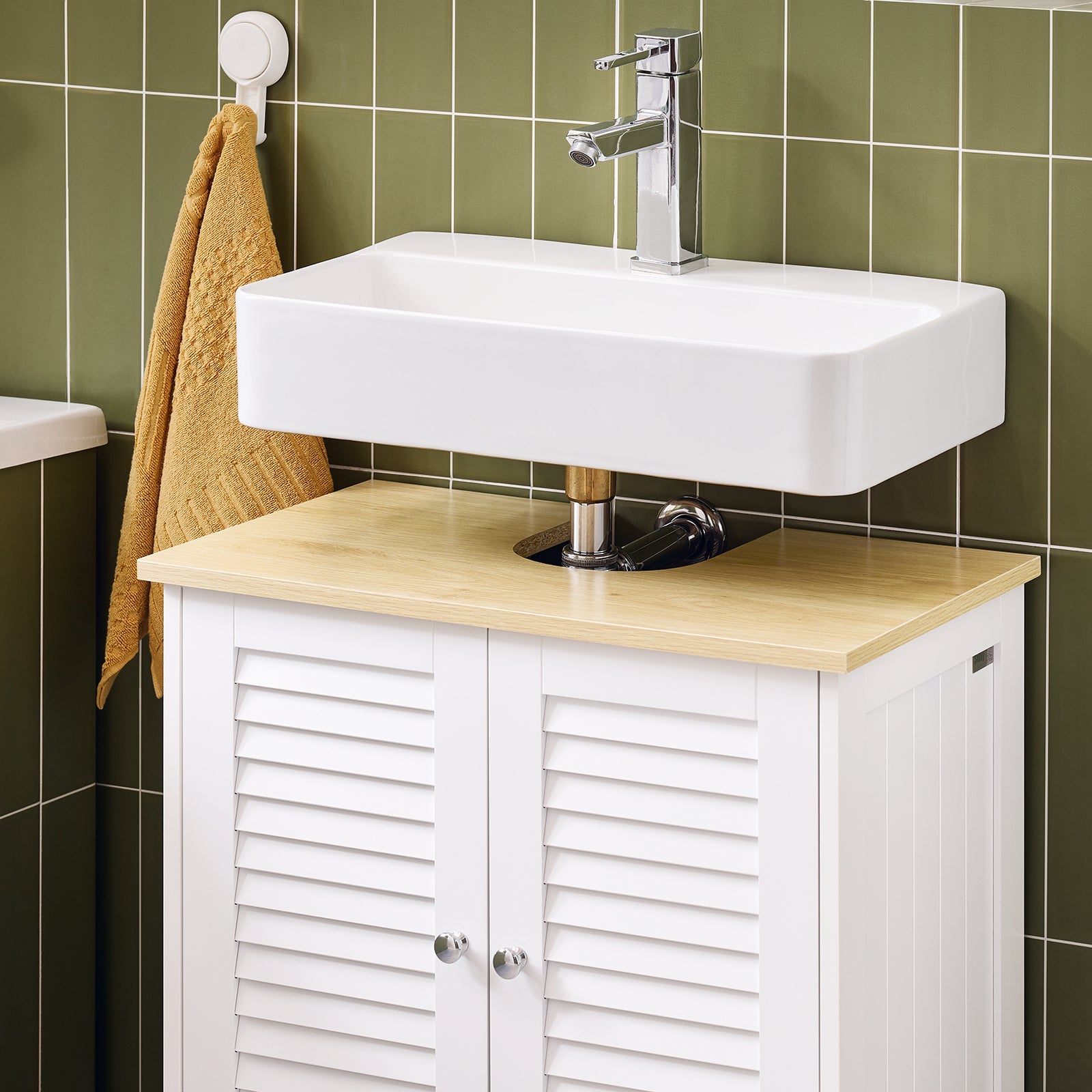 Mobile Base per lavabo con 2 Ante in Stile tapparelle,Bianco-Naturale,L60*P35*A59cm,FRG237-WN