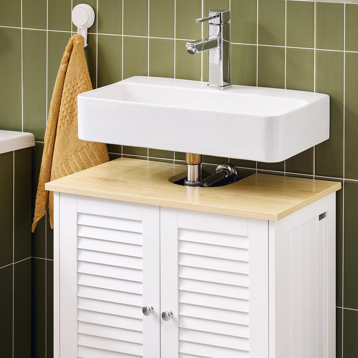 Mobile Base per lavabo con 2 Ante in Stile tapparelle,Bianco-Naturale,L60*P35*A59cm,FRG237-WN