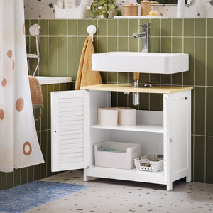 Mobile Base per lavabo con 2 Ante in Stile tapparelle,Bianco-Naturale,L60*P35*A59cm,FRG237-WN