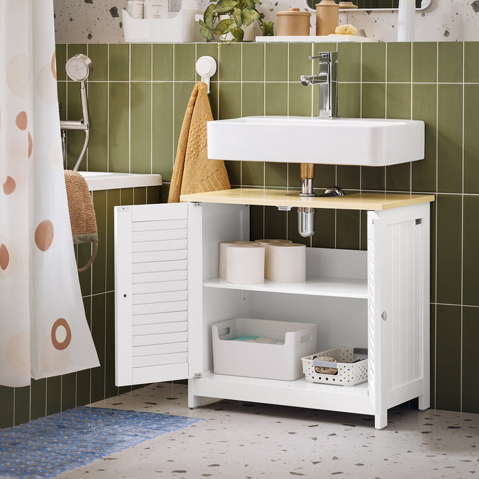 Mobile Base per lavabo con 2 Ante in Stile tapparelle,Bianco-Naturale,L60*P35*A59cm,FRG237-WN