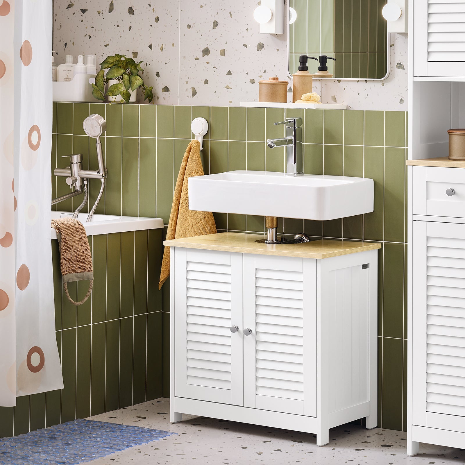 Mobile Base per lavabo con 2 Ante in Stile tapparelle,Bianco-Naturale,L60*P35*A59cm,FRG237-WN