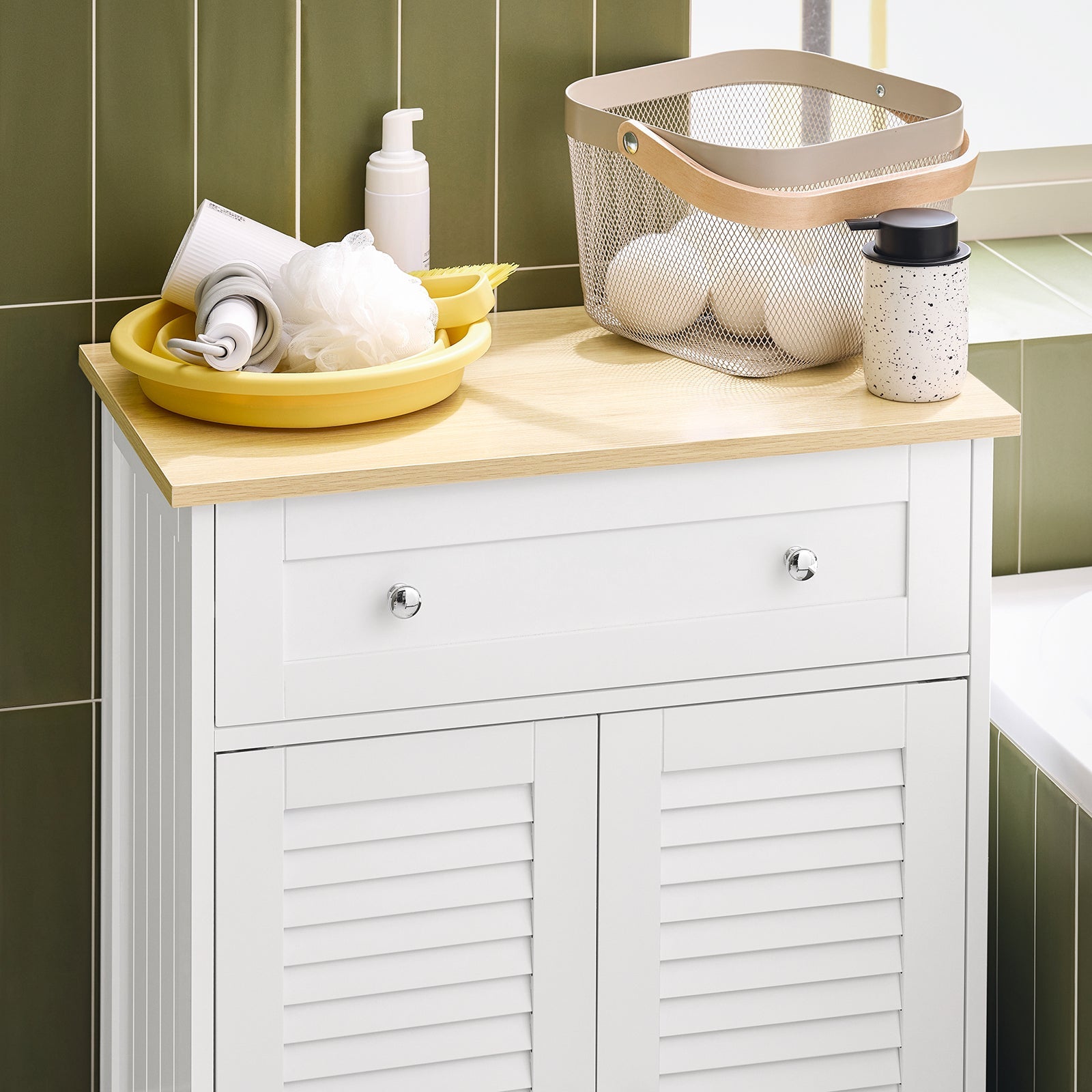 Mobiletto Base per Bagno o Ingresso, con Due Ante e cassetto, in Stile tapparelle, Bianco-Naturale, FRG238-WN