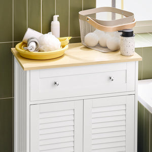 Mobiletto Base per Bagno o Ingresso, con Due Ante e cassetto, in Stile tapparelle, Bianco-Naturale, FRG238-WN