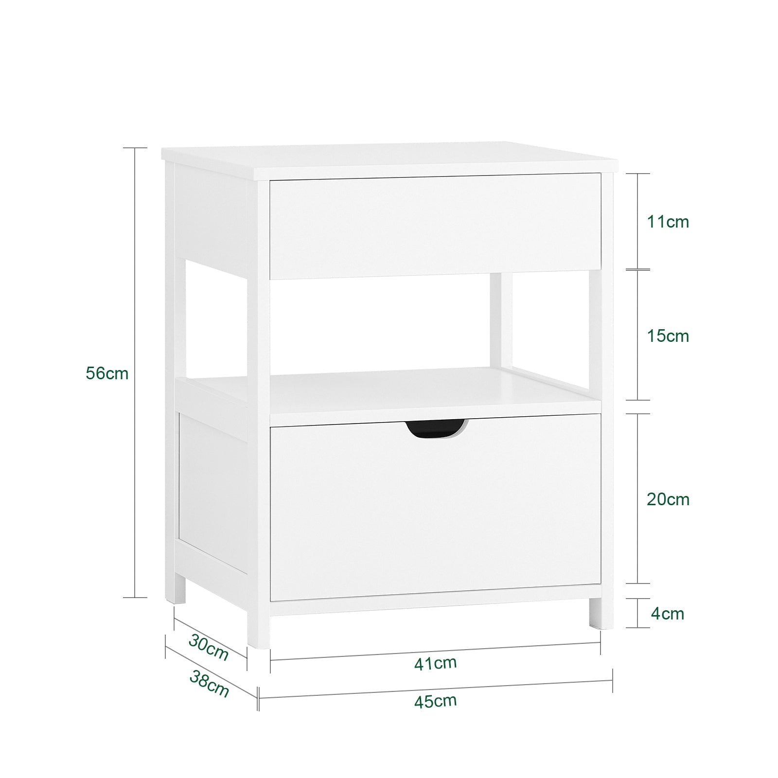 SoBuy Comodino camera da letto con 2 cassetti Tavolino divano stretto Comodino Bianco 45x38x56 cm FRG258-II-W