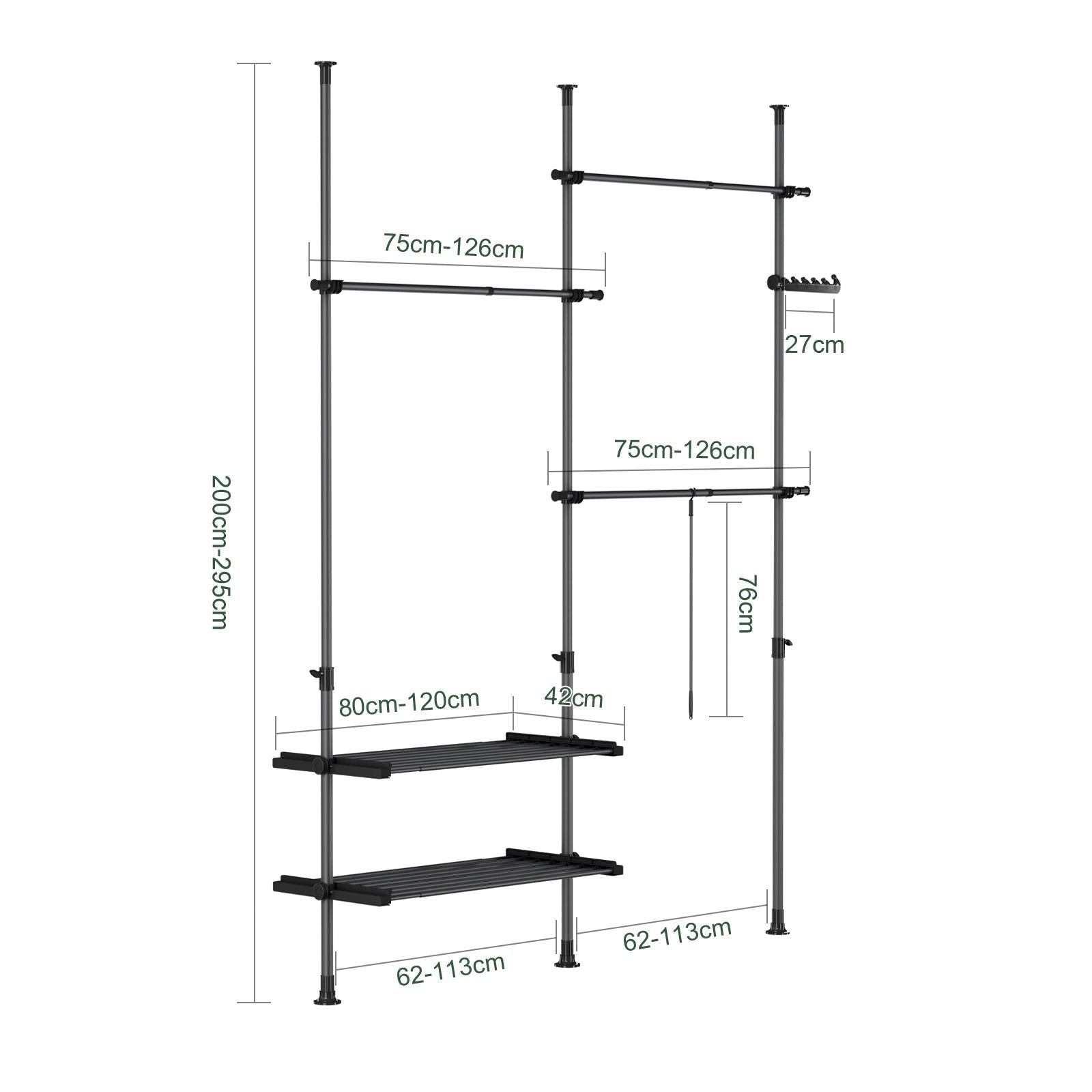 SoBuy FRG34-II-SCH, Telescopic Appendiabiti da Terra, Robusto Stand Appendiabiti con Aste e Ripiani, Armadio Aperto Regolabile per Camera da Letto, Porta Abiti Nero