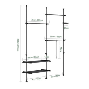 SoBuy FRG34-II-SCH, Telescopic Appendiabiti da Terra, Robusto Stand Appendiabiti con Aste e Ripiani, Armadio Aperto Regolabile per Camera da Letto, Porta Abiti Nero