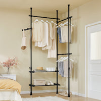 SoBuy FRG34-II-SCH, Telescopic Appendiabiti da Terra, Robusto Stand Appendiabiti con Aste e Ripiani, Armadio Aperto Regolabile per Camera da Letto, Porta Abiti Nero