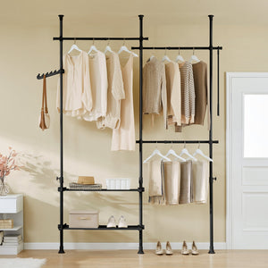 SoBuy FRG34-II-SCH, Telescopic Appendiabiti da Terra, Robusto Stand Appendiabiti con Aste e Ripiani, Armadio Aperto Regolabile per Camera da Letto, Porta Abiti Nero