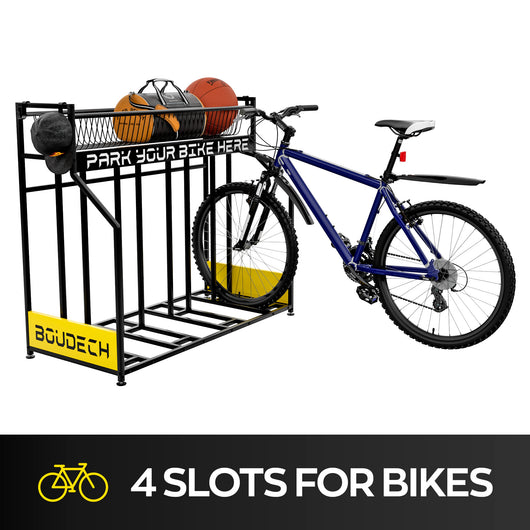 Parkade - Rastrelliera Portabici 4 Posti a Pavimento da Garage con Cesta Portaoggetti e 4 Ganci in Metallo Nero