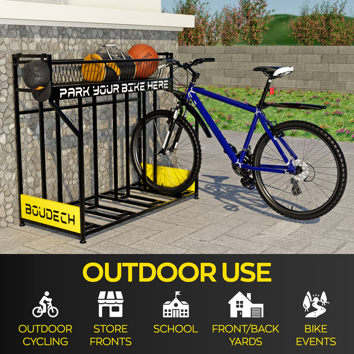 Parkade - Rastrelliera Portabici 4 Posti a Pavimento da Garage con Cesta Portaoggetti e 4 Ganci in Metallo Nero