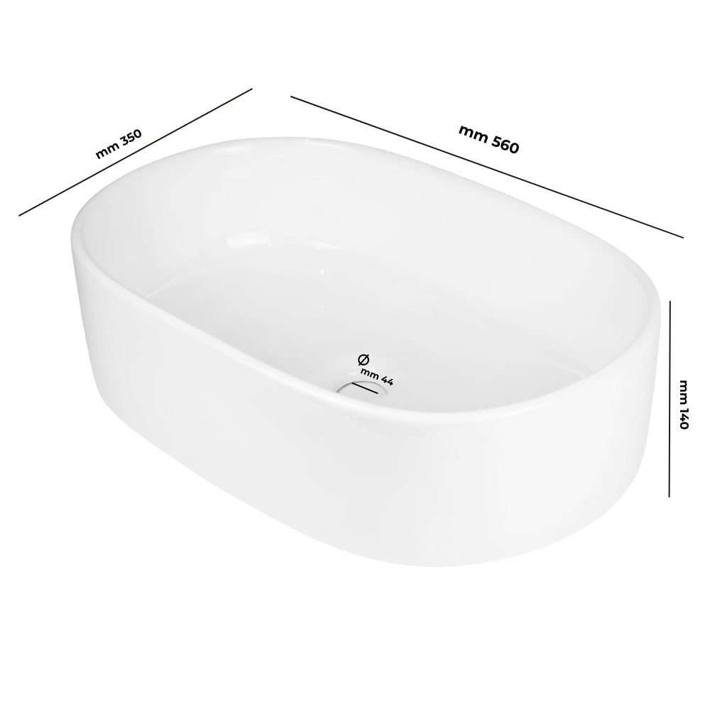 Lavabo da appoggio ceramica bianco ovale arredo bagno lavandino 56x35x14 cm *** finitura- lucido, confezione 1
