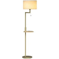 Lampada da Terra Moderna con Mensola, Paralume in Lino, Interruttore a Catena e Porta USB Ø40x170 cm, Oro