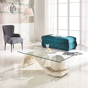 Tavolino da salotto Astra White Agata con piana in vetro - cm 70 X 120 H. 37 | Duzzle