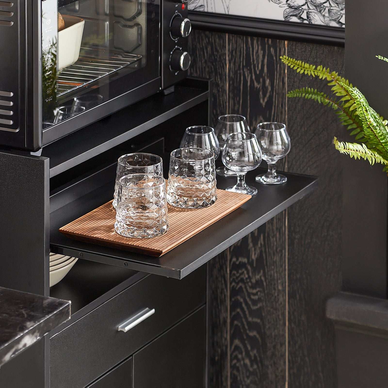 Scaffale per Forno a microonde, Carrello da cucina,credenza con route, Nero FSB09-SCH