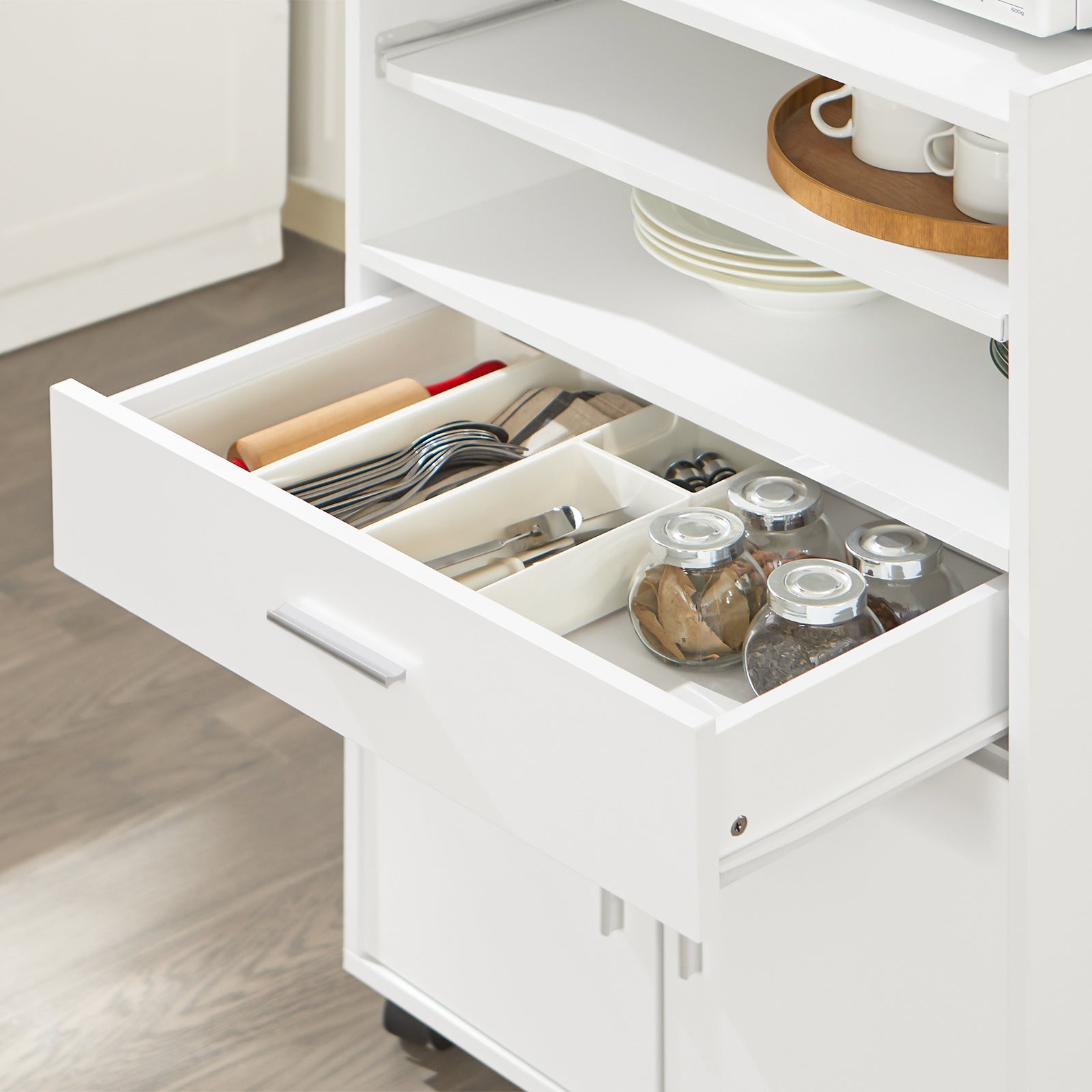 Scaffale per Forno a microonde, Carrello da cucina,credenza con route, Bianco FSB09-W