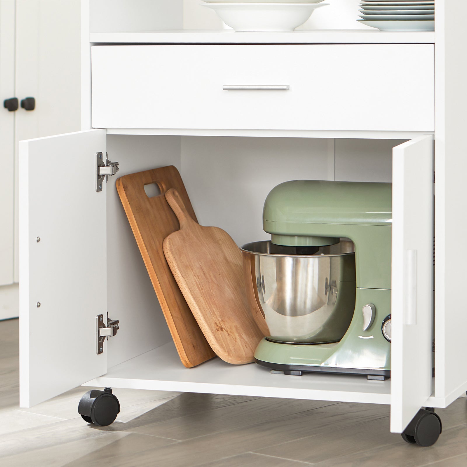 Scaffale per Forno a microonde, Carrello da cucina,credenza con route, Bianco FSB09-W