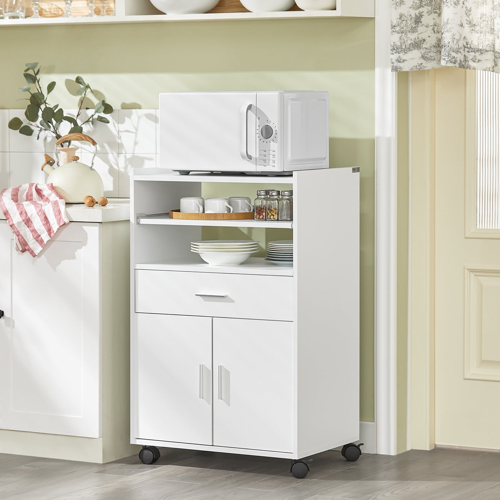 Scaffale per Forno a microonde, Carrello da cucina,credenza con route, Bianco FSB09-W