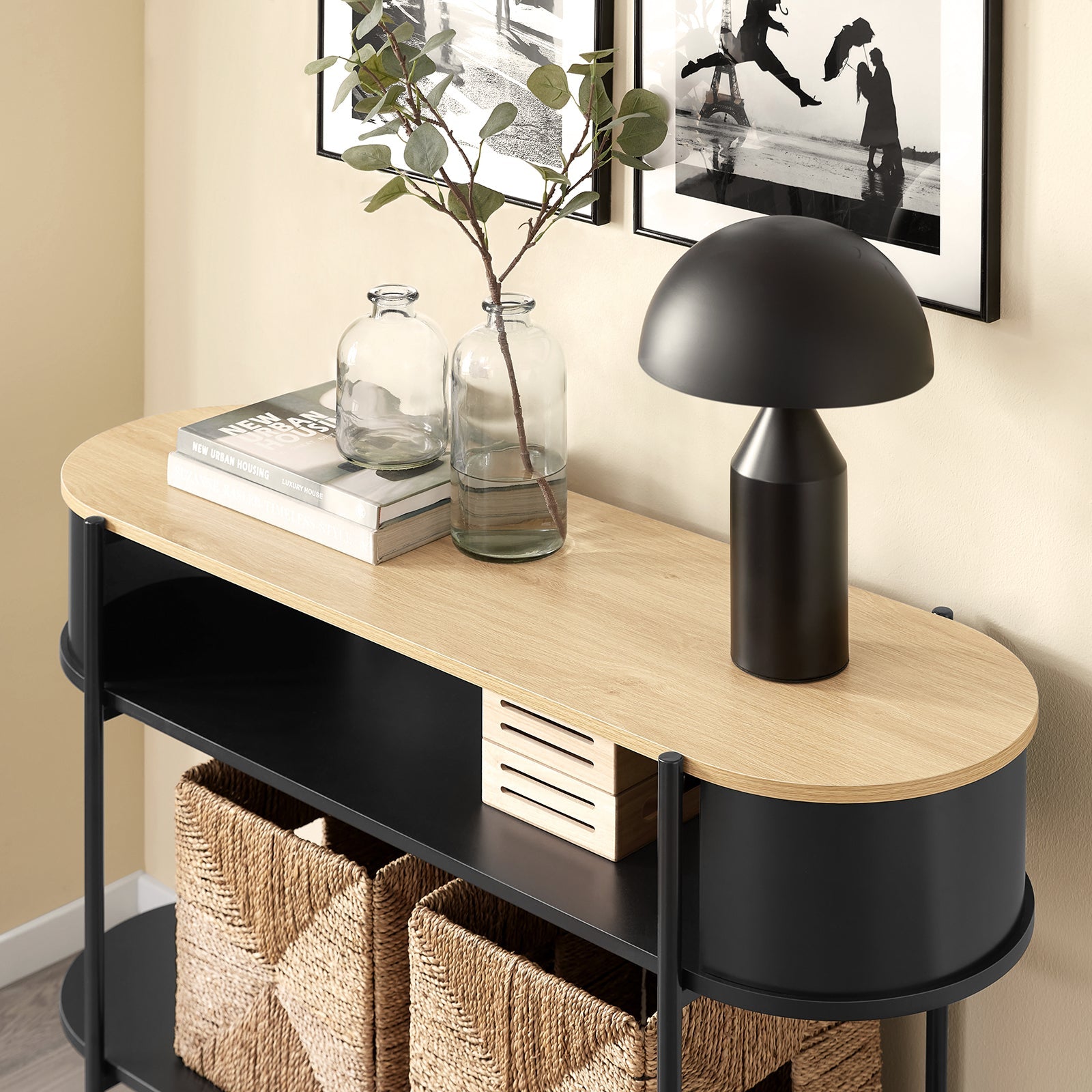 SoBuy Consolle Ingresso Tavolo Consolle Salvaspazio in Legno Chiaro e Metallo Nero, Mobile Ingresso Moderno con Ripiani, Stile Industriale per Corridoio, Soggiorno o Ufficio 110×39×76 cm FSB102-SCH