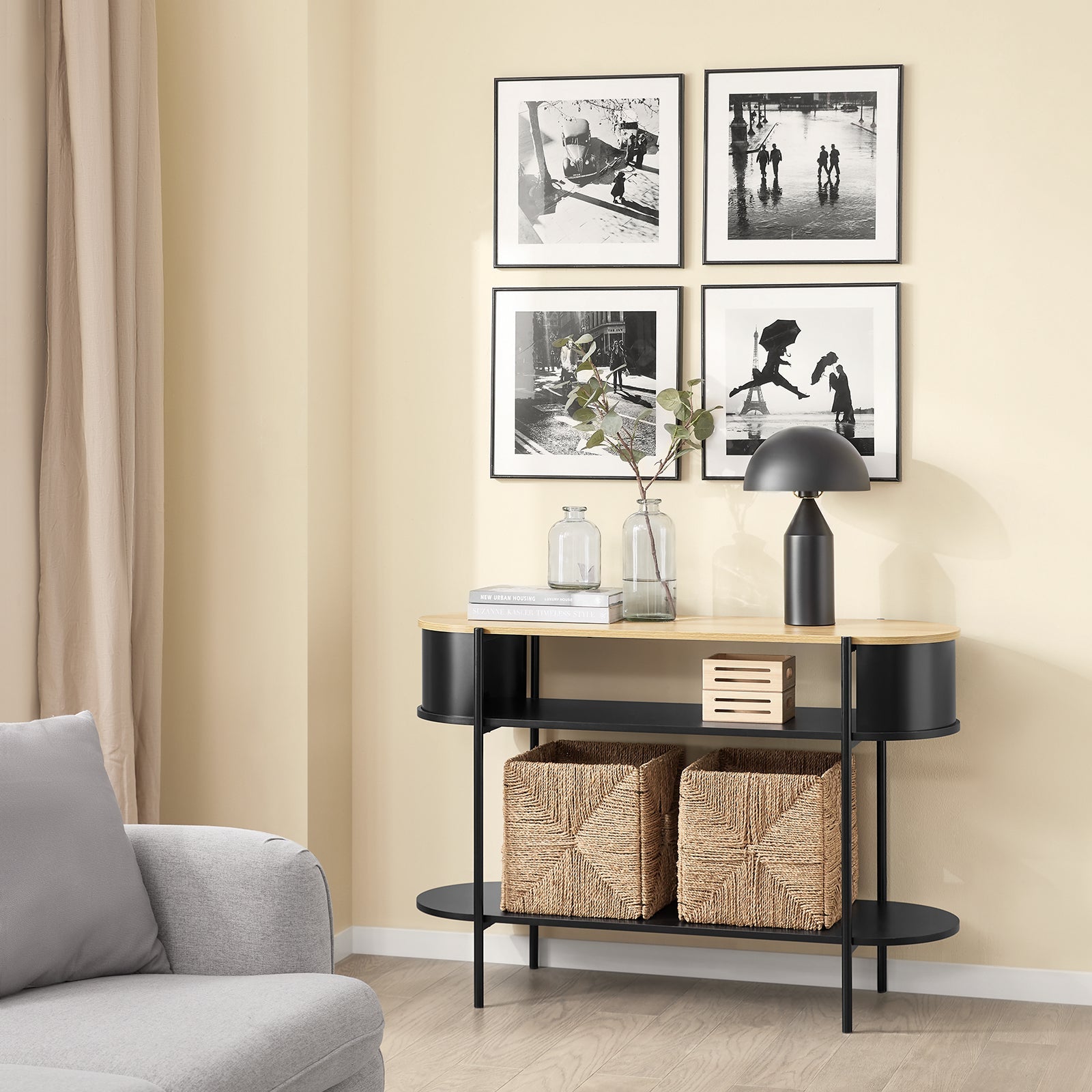 SoBuy Consolle Ingresso Tavolo Consolle Salvaspazio in Legno Chiaro e Metallo Nero, Mobile Ingresso Moderno con Ripiani, Stile Industriale per Corridoio, Soggiorno o Ufficio 110×39×76 cm FSB102-SCH