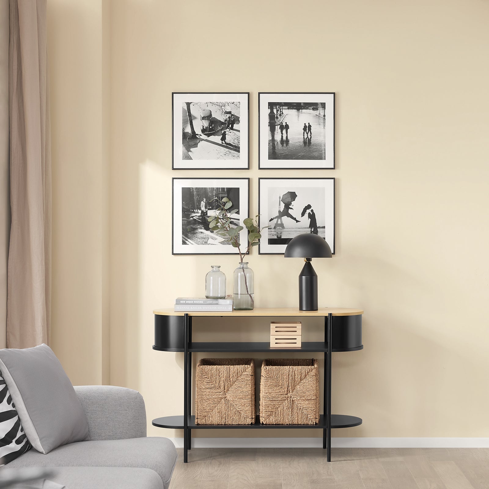 SoBuy Consolle Ingresso Tavolo Consolle Salvaspazio in Legno Chiaro e Metallo Nero, Mobile Ingresso Moderno con Ripiani, Stile Industriale per Corridoio, Soggiorno o Ufficio 110×39×76 cm FSB102-SCH