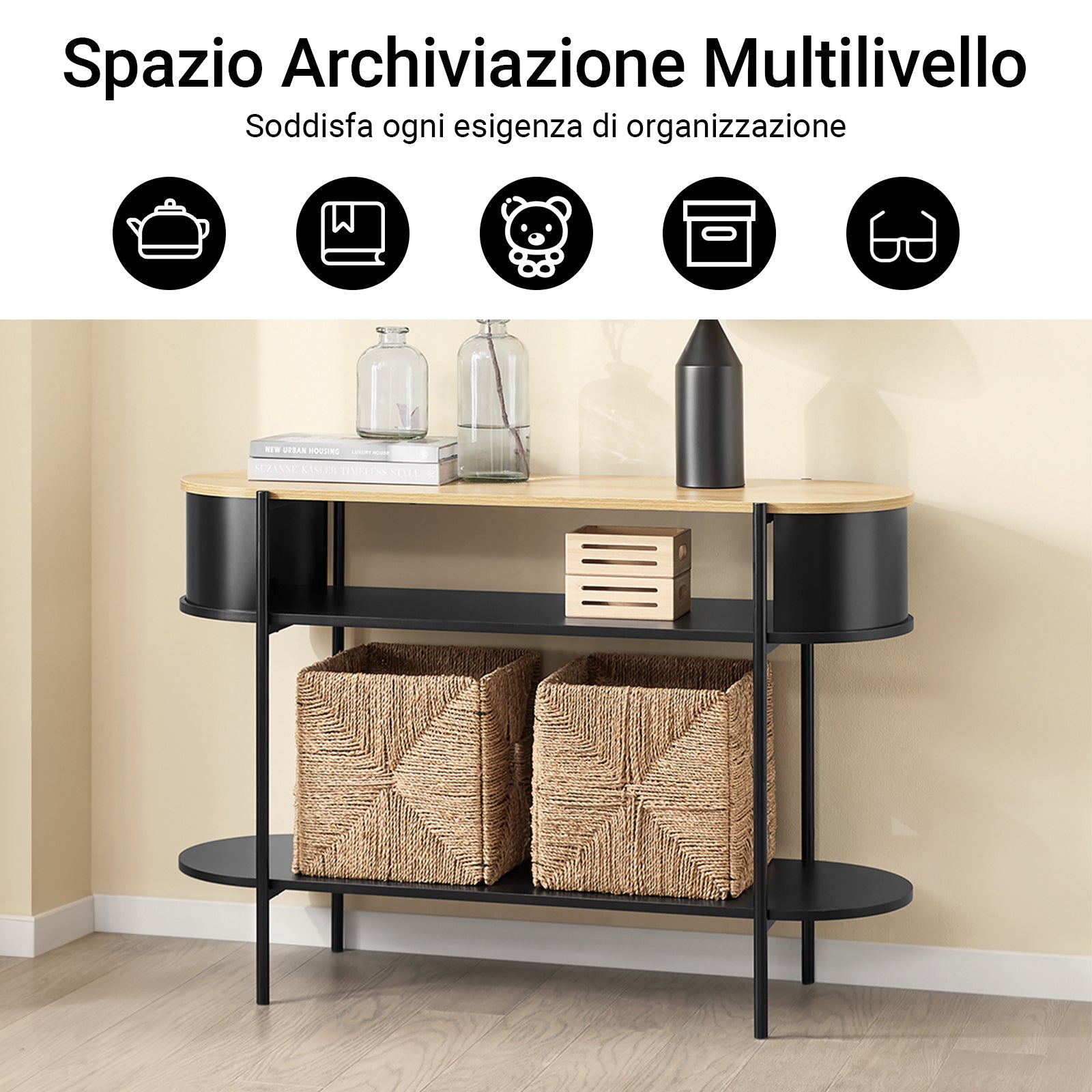SoBuy Consolle Ingresso Tavolo Consolle Salvaspazio in Legno Chiaro e Metallo Nero, Mobile Ingresso Moderno con Ripiani, Stile Industriale per Corridoio, Soggiorno o Ufficio 110×39×76 cm FSB102-SCH